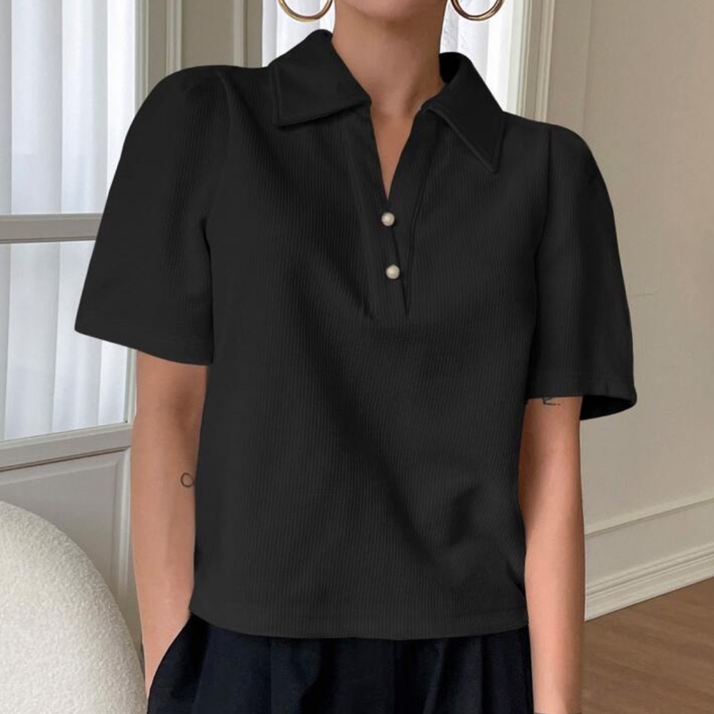 Black Puff Sleeve Collared Crop Top